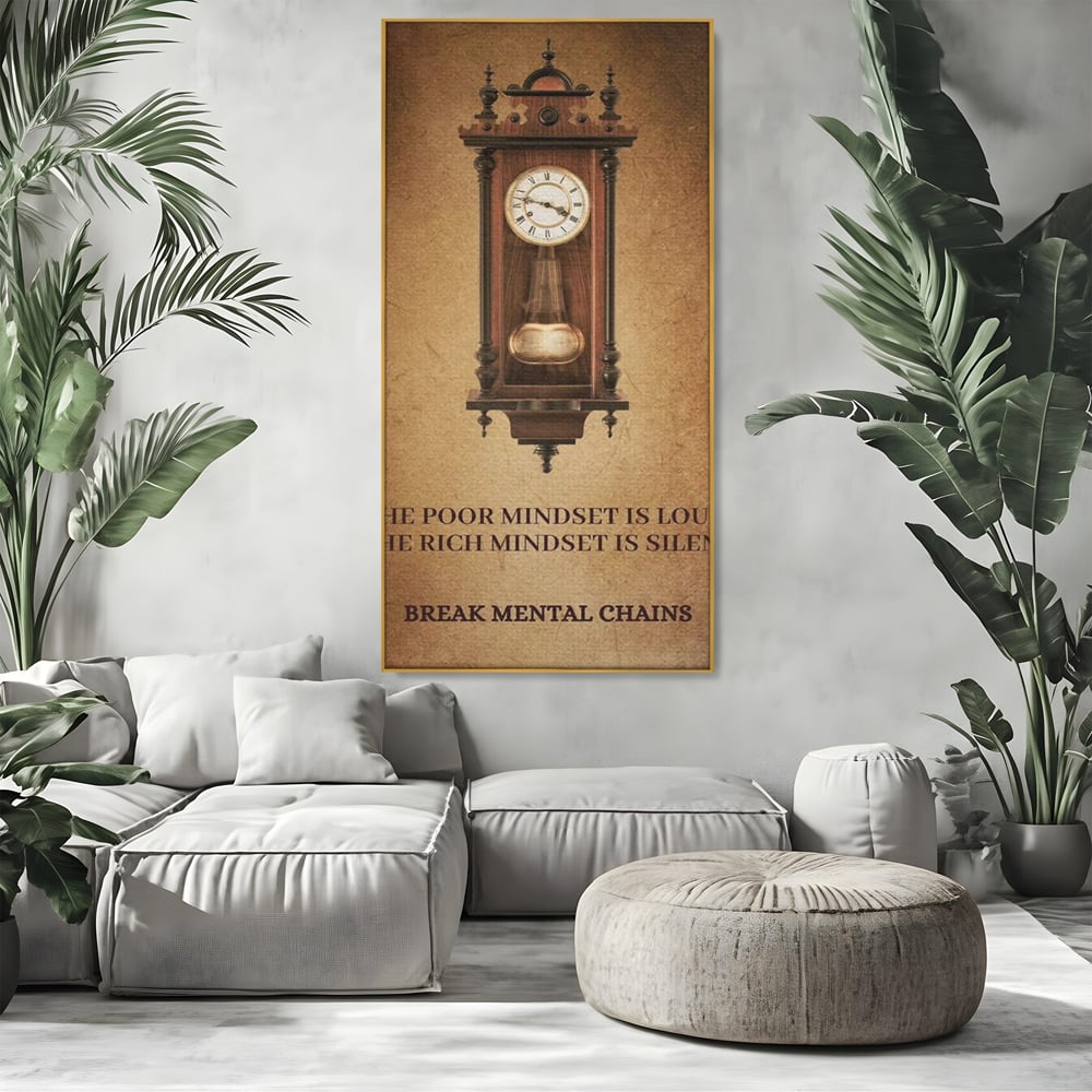 Tablou canvas cu tablou vertical cu ceas pendul vintage si mesaj motivational, in rama de aluminiu auriu, pe perete intr-un living